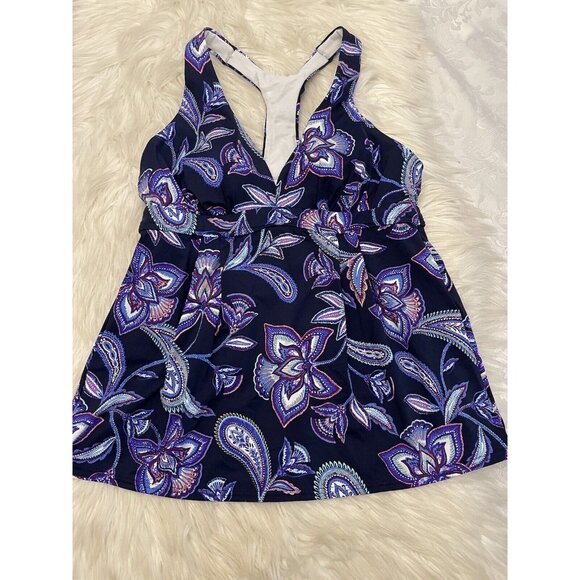 Lands End Size 6 Blue Purple Floral‎ Racerback Tankini Top Swim Suit Slimming - Picture 1 of 7